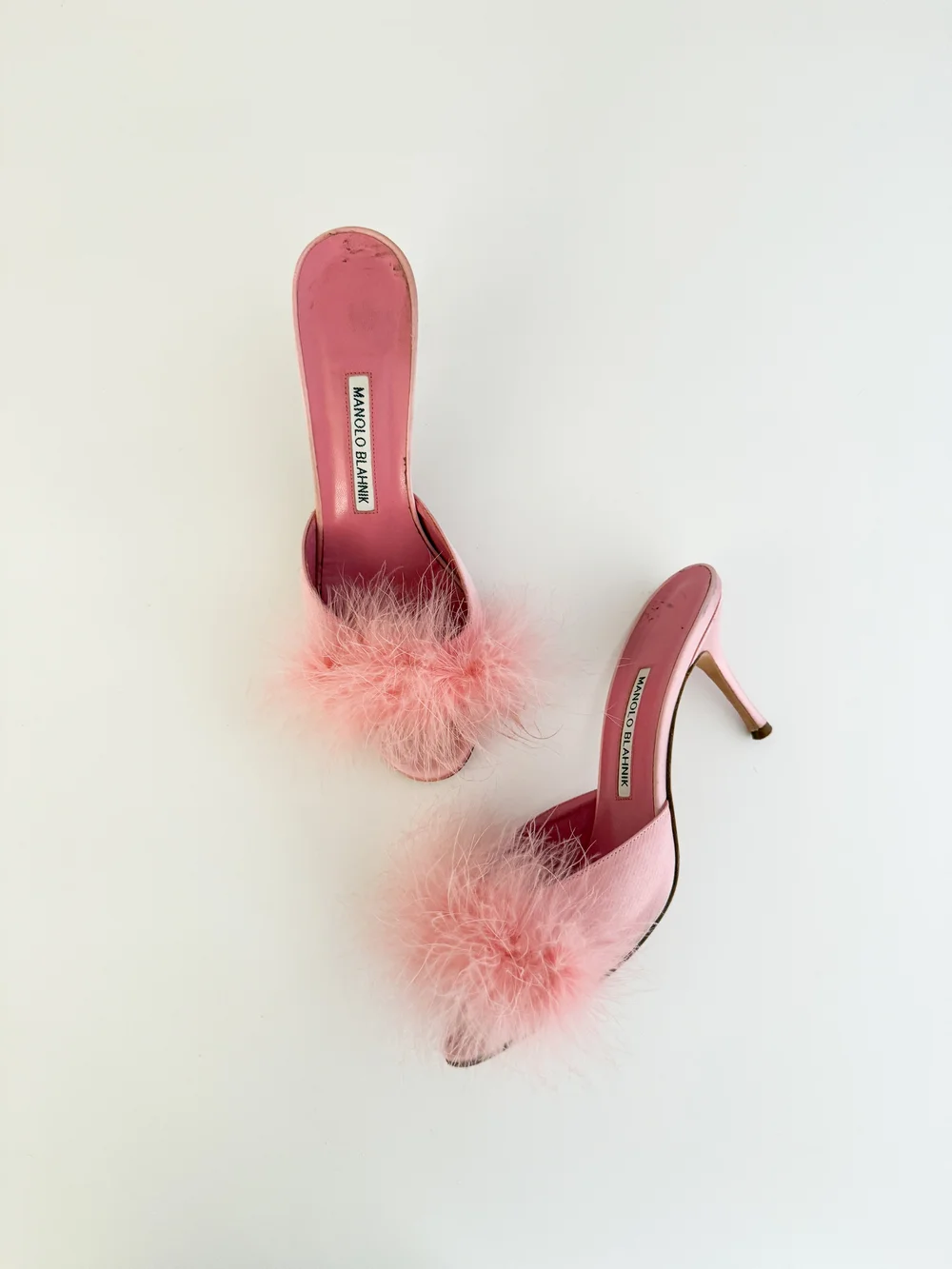 Manolo Blahnik Pink Feather Boa Satin Heels (US 9 / IT 39
